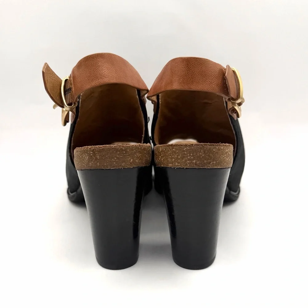 Söfft 11M Black Leather Block Heel Peep Toe Slingback Sandals - Picture 7 of 9